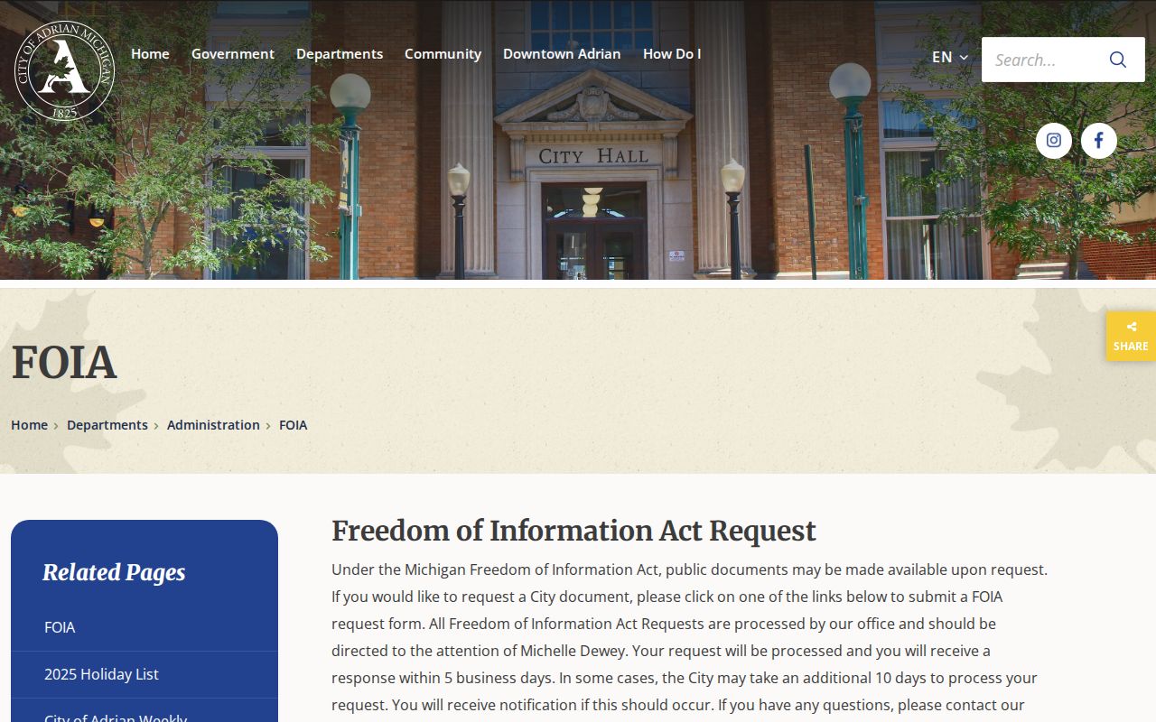Lenawee County Adrian FOIA arrest-record request source
