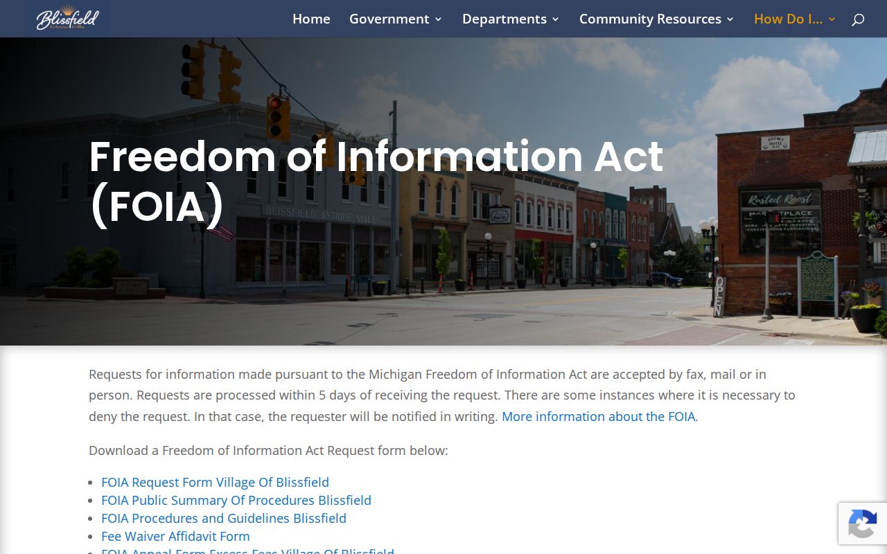 Lenawee County Blissfield village FOIA public record request information