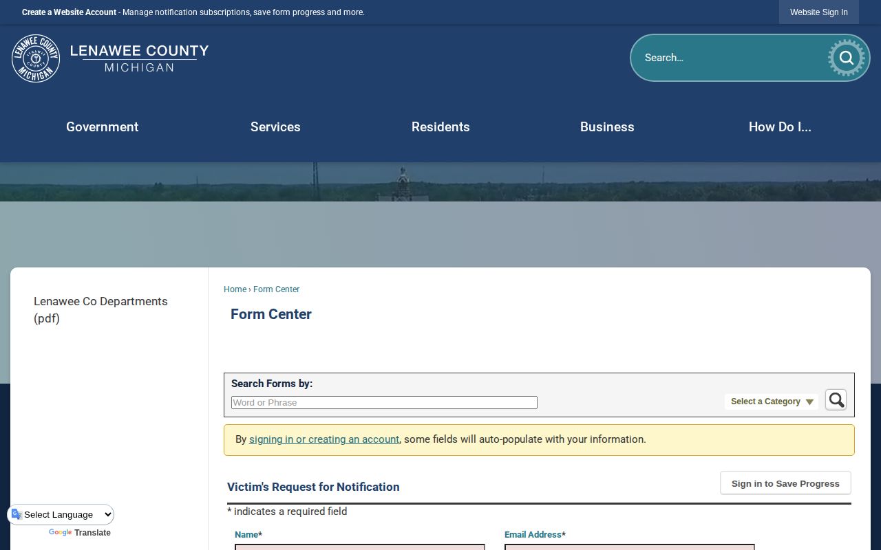 Lenawee County victim custody notification record request