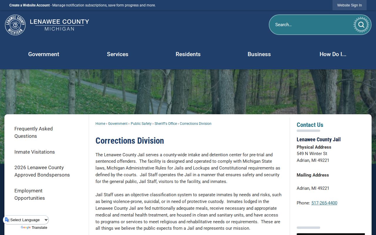Lenawee County Jail corrections booking and custody information