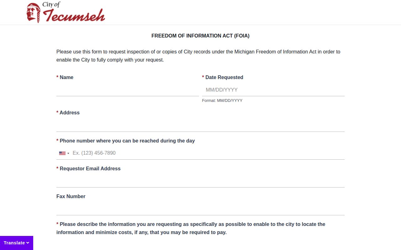 Tecumseh police record FOIA request form